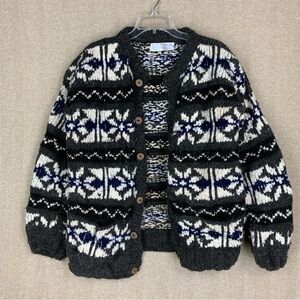 Afghan Blue Sky Co Wool Sweater Large? Fair Isle Cardigan Chunky Knit Ecuador